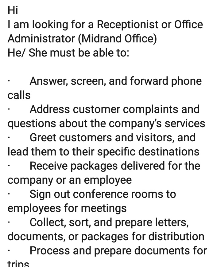 CarolBoitumelo1's tweet photo. Hi 

I am looking for a Receptionist or Office Administrator in Midrand.

Email your CV and supporting documents to hr@wrees.co.za https://t.co/2RLK6QPNcB