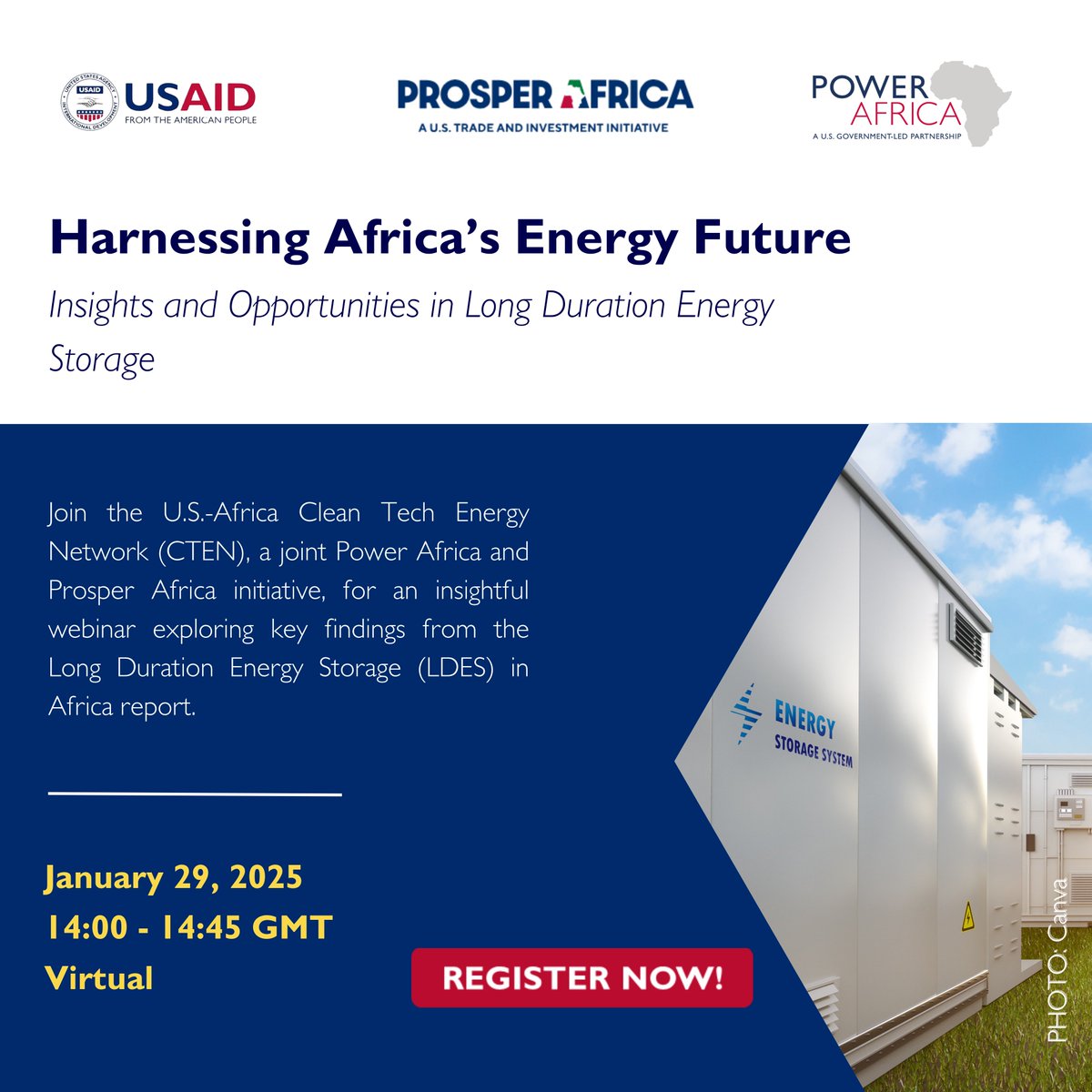 Power Africa (@powerafricaus) on Twitter photo WEBINAR | Harnessing Africa’s Energy Future
Learn about Long Duration Energy Storage #LDES 🔋 in Africa with our U.S.-Africa Clean Tech Energy Network #CTEN, a Power Africa & <a href="/ProsperAfricaUS/">Prosper Africa</a> initiative.
📅 Jan 29, 2025
🕒 14:00–14:45 GMT
🔗 REGISTER: ow.ly/Giat50UGUSl WEBINAR | Harnessing Africa’s Energy Future
Learn about Long Duration Energy Storage #LDES 🔋 in Africa with our U.S.-Africa Clean Tech Energy Network #CTEN, a Power Africa & <a href="/ProsperAfricaUS/">Prosper Africa</a> initiative.
📅 Jan 29, 2025
🕒 14:00–14:45 GMT
🔗 REGISTER: ow.ly/Giat50UGUSl