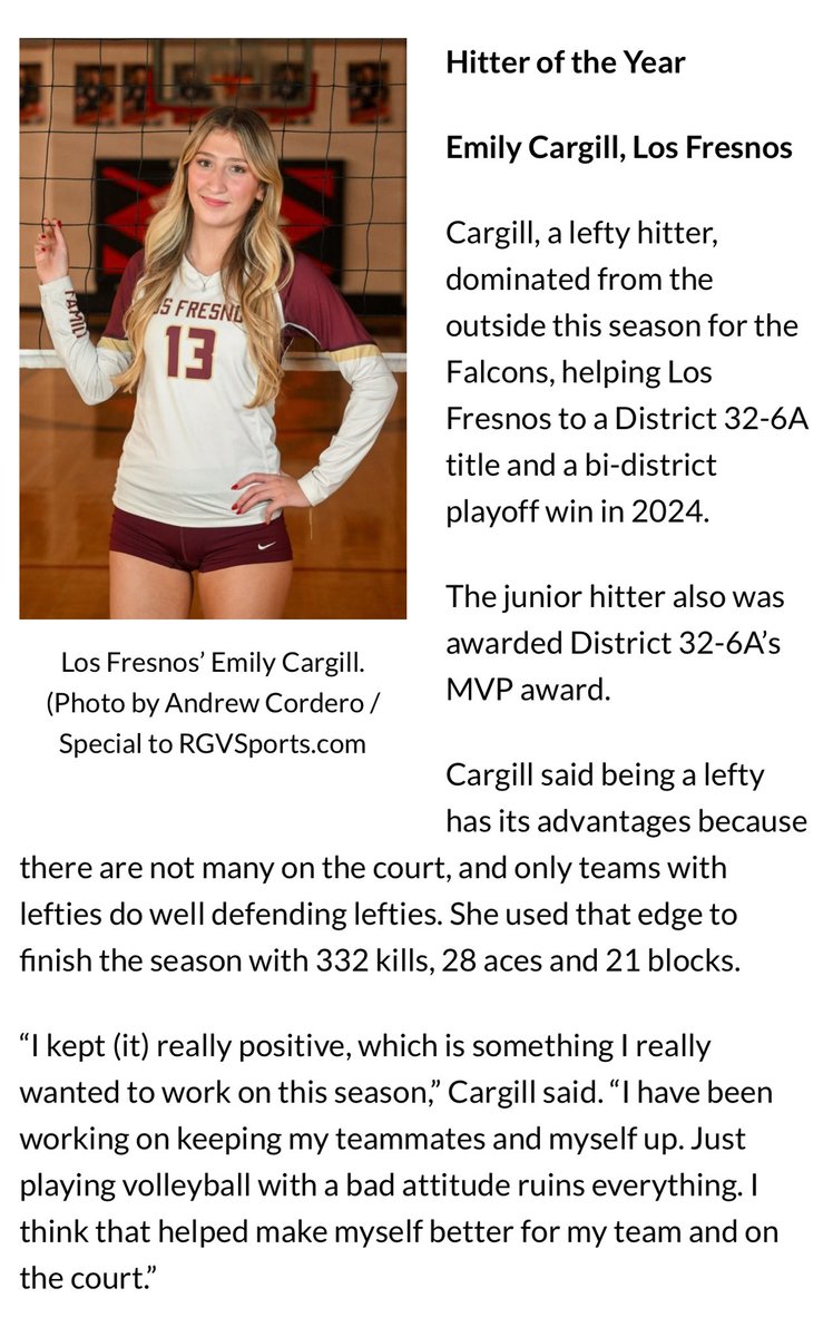 ecargill_vb26's tweet photo. It’s been an exciting year for me! I first and foremost want to thank my family for giving me the opportunity to be apart of this amazing sport and to pursue my dream of going to the next level.  To my coaches (past and present) and trainers for believing in me and helping me see my full potential! I’m honored to have each and every one of you on my side.  I know I have so much more growing to do over the next few seasons and I am more determined to make them even better! I’m looking forward to the 2025 travel season with Venom and my amazing teammates! 
🐍♥️

View my FieldLevel volleyball recruiting profile #uncommitted https://t.co/fBqSFrVRB7

https://t.co/7HMku7OrZa

MaxPreps: https://t.co/VRMWKU61XT

#uncommitted  #losfresnostx #rightside 

@umhb #umhbvolleyball @BaylorVBall @TarletonVB  @TarletonBeachVB @realhermoment @coachmoonvball @PDTexas @CoachMikeDZ @PrepDig @vball_fan_ @PrepDigChris @GoUTRGV @UHouston  @LL7NV @MaxPreps @PrepVolleyball @CoastRecruits  @TexasVolleyball @TexasTechVB @AggieVolleyball @SaintMaryVB @blinnesports  @BlinnVolleyball  @UTSAvolleyball  @PVAMU  @ACUedu @CarolPriceTorok @RyanMcGuyre @meredith11321 @jerrittelliott  @Tanya21Allen @Javelina_VB @TonyGraystone @MalloriHowie @TUVolleyballTX  @CoachJHuebner @fieldlevel @torquevball @txwomans  @LFHSGirlsVBALL