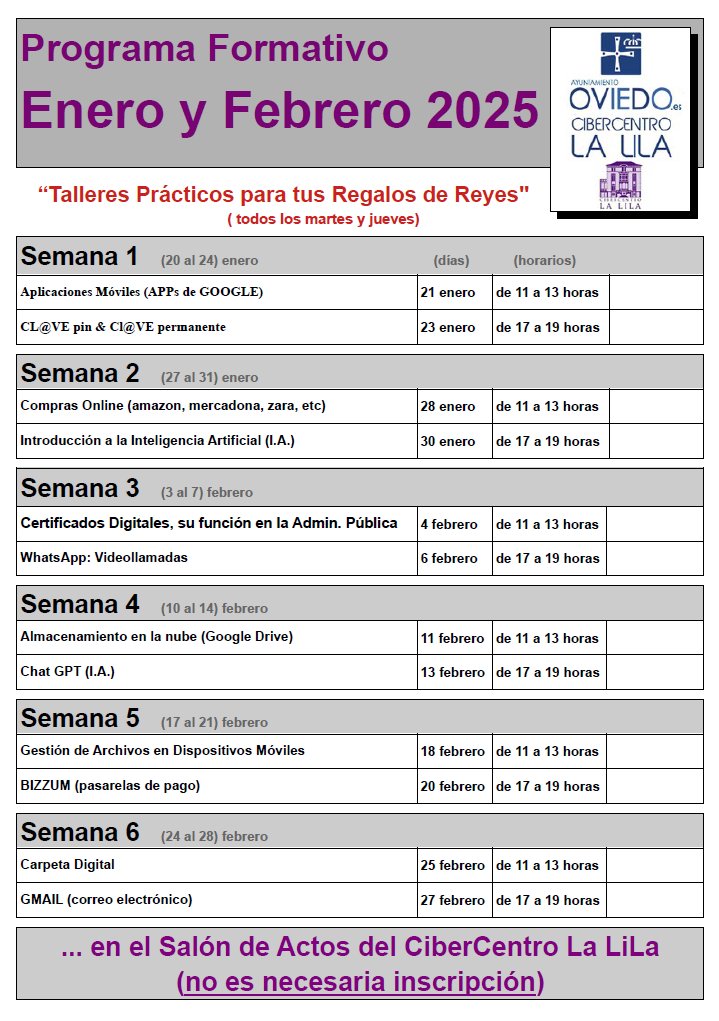 CentroLaLila's tweet image. 📅 Enero y febrero 2025: talleres gratis en el CiberCentro La Lila 🖥️📱 Aprende apps móviles, compras online 🛒, IA 🤖 y más. Todos los martes y jueves. ¡Sin inscripción previa! 🚀✨ #TalleresDigitales #Oviedo #FormaciónTech