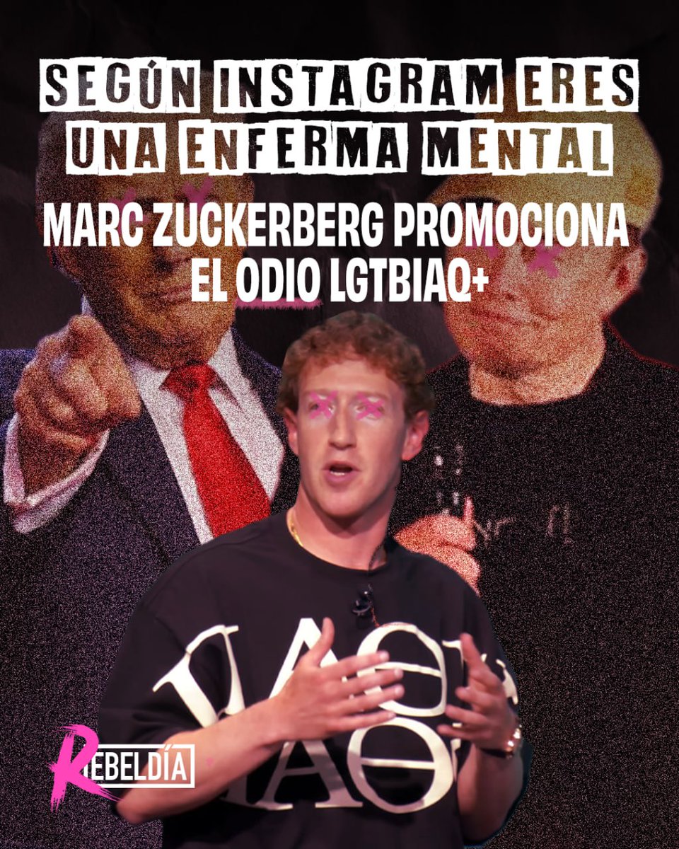 Zuckerberg promociona el odio en Instagram y facebook permitiendo denuncias por enfermedad mental a cuentas LBTBIAQ+
Es lo que pasa si estamos al servicio de ricos. FREE OUR FEEDS:

Necesitamos redes sociales libres de odio promovido por niños malcriados endiosados por el capital