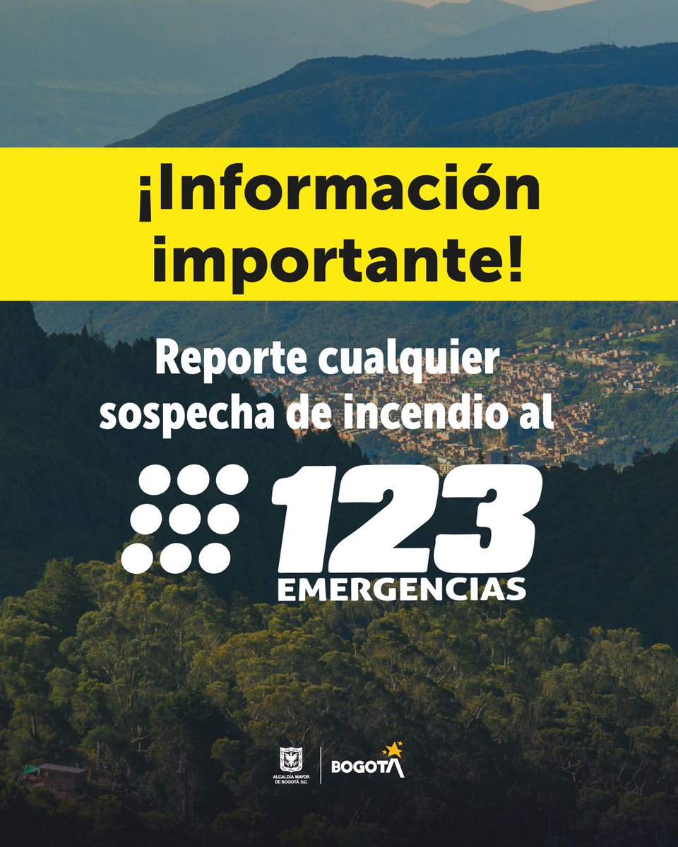 Alcaldiakennedy's tweet photo. No queremos incendios en los cerros de Bogotá.  Todos podemos vigilar y alertar sobre incendios en cerros y parques. 

Si observa humo o indicios de incendios forestales en áreas verdes o reservas naturales, reporte de inmediato a la Línea 123. ☎️ https://t.co/XHHEiqaAmk