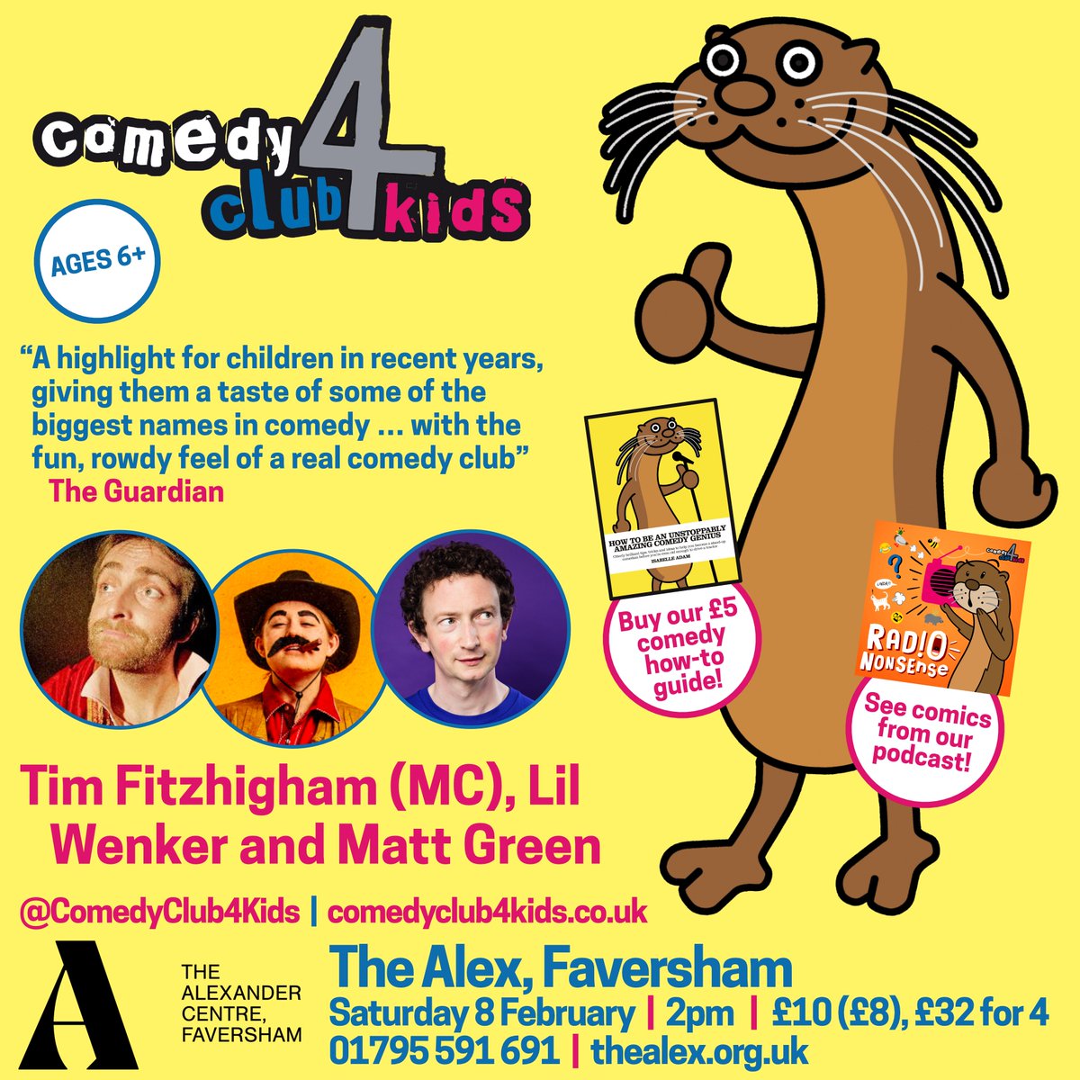 Comedy Club 4 Kids (@comedyclub4kids) on Twitter photo Faversham! Families of Kent! We're back at <a href="/alex_centre/">The Alex</a> on Saturday February 8th, with <a href="/timfitzhigham/">tim fitzhigham</a> MCing <a href="/littlewenker/">Lil Wenker</a> (a cowboy!) and <a href="/mattgreencomedy/">Matt Green</a> (a real human man!). Join us for excellent comedy and character silliness from 2pm!
๐๏ธ thealex.org.uk/event/comedy-cโฆ Faversham! Families of Kent! We're back at <a href="/alex_centre/">The Alex</a> on Saturday February 8th, with <a href="/timfitzhigham/">tim fitzhigham</a> MCing <a href="/littlewenker/">Lil Wenker</a> (a cowboy!) and <a href="/mattgreencomedy/">Matt Green</a> (a real human man!). Join us for excellent comedy and character silliness from 2pm!
๐๏ธ thealex.org.uk/event/comedy-cโฆ