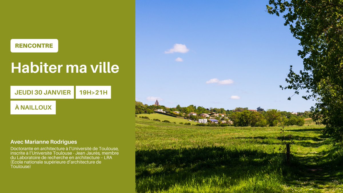 Université de Toulouse (@univ_toulouse) on Twitter photo 🏡 Que signifie pour vous habiter une petite ville ?
Rencontre avec Marianne Rodrigues, doctorante en architecture s’intéressant aux enjeux de patrimonialisation et de revitalisation de bourgs-centres en milieu rural.
📅 30 janvier, 19h>21h
📍 Nailloux
➡️ echosciences-sud.fr/communautes/ex… 🏡 Que signifie pour vous habiter une petite ville ?
Rencontre avec Marianne Rodrigues, doctorante en architecture s’intéressant aux enjeux de patrimonialisation et de revitalisation de bourgs-centres en milieu rural.
📅 30 janvier, 19h>21h
📍 Nailloux
➡️ echosciences-sud.fr/communautes/ex…