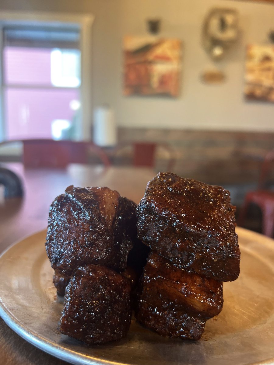 Pork Belly Burnt Ends. They’re the January special and all we can say is: mmmmmmmm
.
#bbq #stlbbq #eatlocal #eatlocalstl #keepcottlevillecool #porkbellyburntends 
.