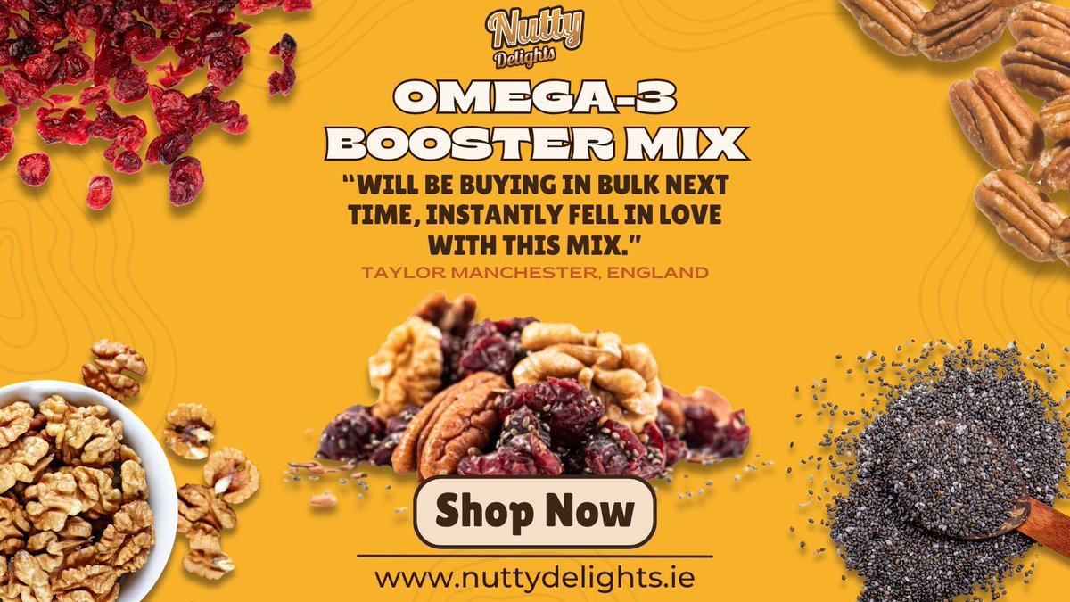 Our Omega-3 Booster Mix with walnuts, dried cranberries, pecans, chia, and flax seeds is a hit! Try it today!🥜⭐️ #Omega3Boost #HealthySnacking #CustomerLove #EcoFriendly #Superfoods #NuttyDelights