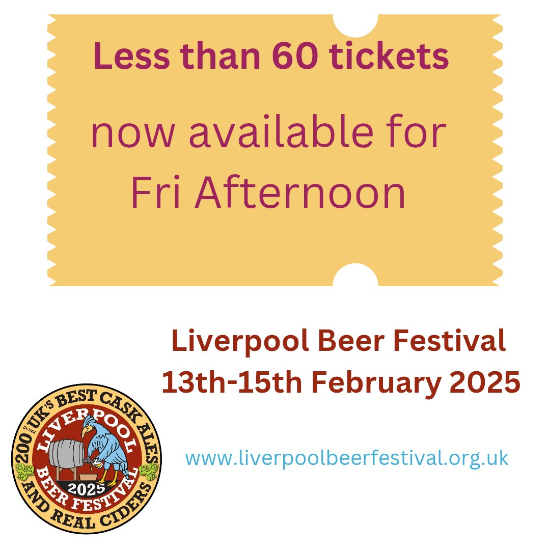 Tickets still available for all evening sessions but Friday afternoon tickets are running low and Saturday afternoon is sold out.

Link to tickets:

tckty.camra.org.uk/e/303/liverpoo…