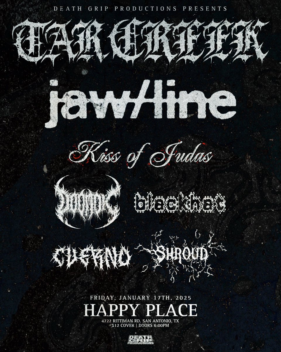 This Friday at Happy Place

Tar Creek
Jaw/Line
Kiss of Judas
Doomok
Blackhat
Cuerno
Shroud

$12 / All Ages