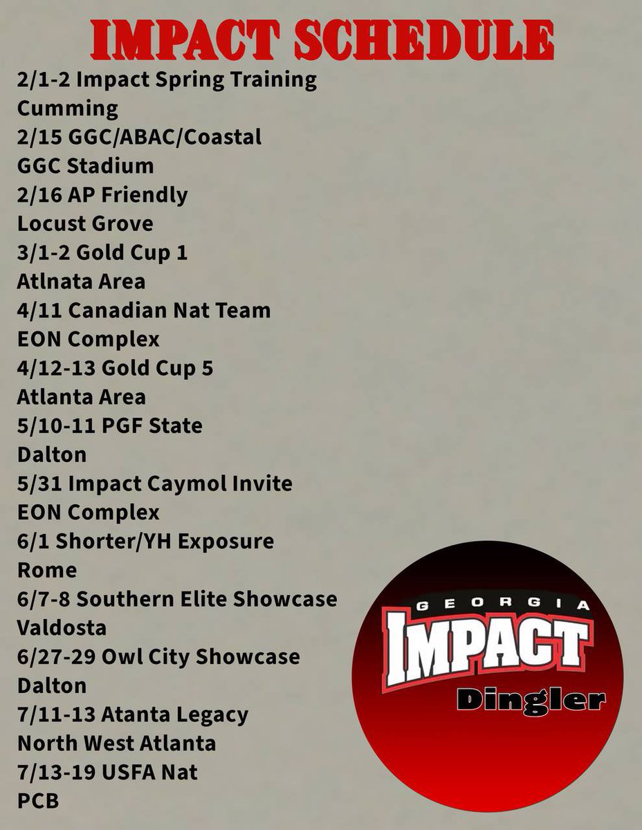 My spring schedule! Looking forward to a great season. <a href="/EcDingler/">GA Impact Dingler</a>