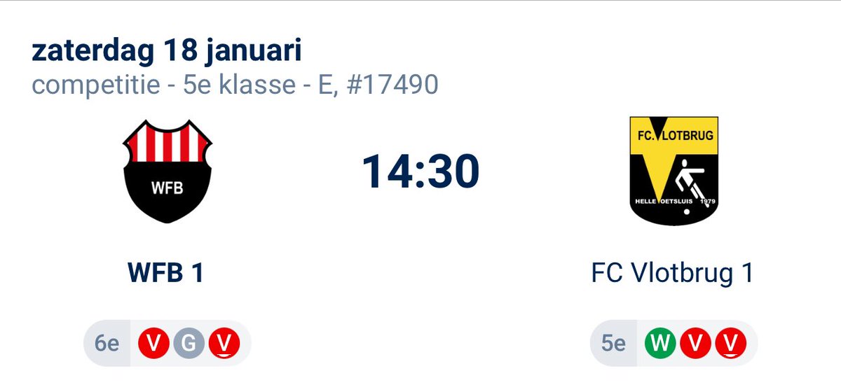 De eerste wedstrijd in het nieuwe jaar gaat WFB aan tegen de nummer 5 Vlotbrug. WFB staat 6e met 17 punten en Vlotbrug staat op 18 punten.
Sinds 2000 stonde de ploegen in competitie verband 12 keer tegen elkaar. WFB won er 6, verloor er 4 en het werd twee keer gelijk. In het