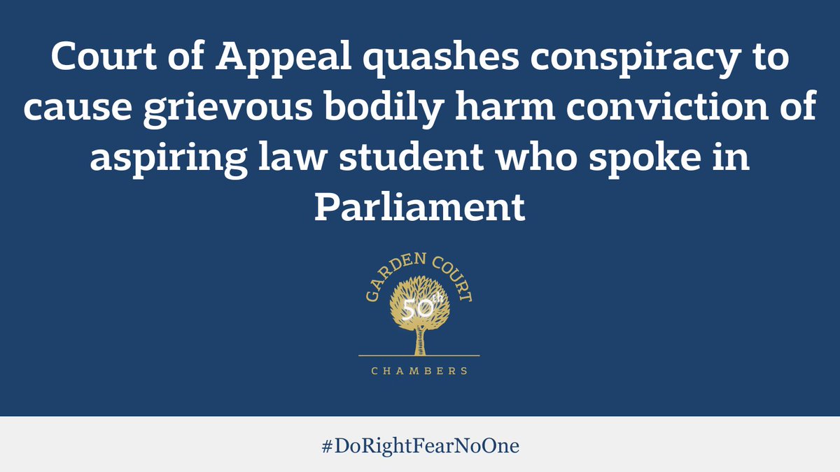 🚨 Ct of Appeal quashes conspiracy to cause grievous bodily harm conviction of aspiring law student who spoke in Parliament 🚨

Keir Monteith KC &amp; Audrey Cherryl Mogan represented Ademola Adedeji, I/B Zachary Whyte &amp; Ruby Breward of Sperrin Law.

Read on🔽
gardencourtchambers.co.uk/court-of-appea…