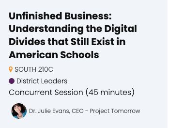 ProjectTomorrow's tweet image. 🌟 Ready to tackle the digital divides in your learning community? This #FETC2025 session unpacks key findings from #SpeakUpEd and provides tools to help schools close the gaps in access, design, and use. Let’s turn research into action! #EdTechEquity #FutureReady