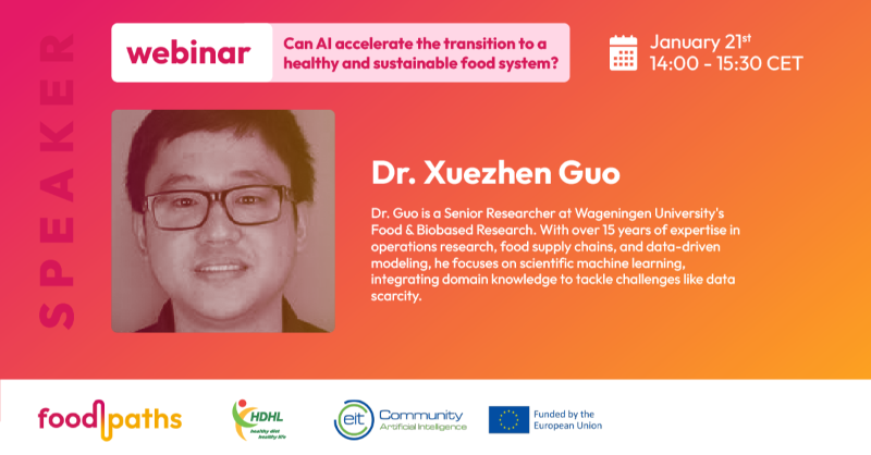 SciFoodHealth's tweet photo. Discover how #AI can transform #foodsystems! 

Join the #FOODPathS #webinar on Jan 21. 

🎤Our speaker Dr. Xuezhen Guo from @WageningenUR will discuss innovative AI tools in 

💡 #foodsafety &amp; early warning systems  

💡managing risks in #foodproduction  

Register! 👇