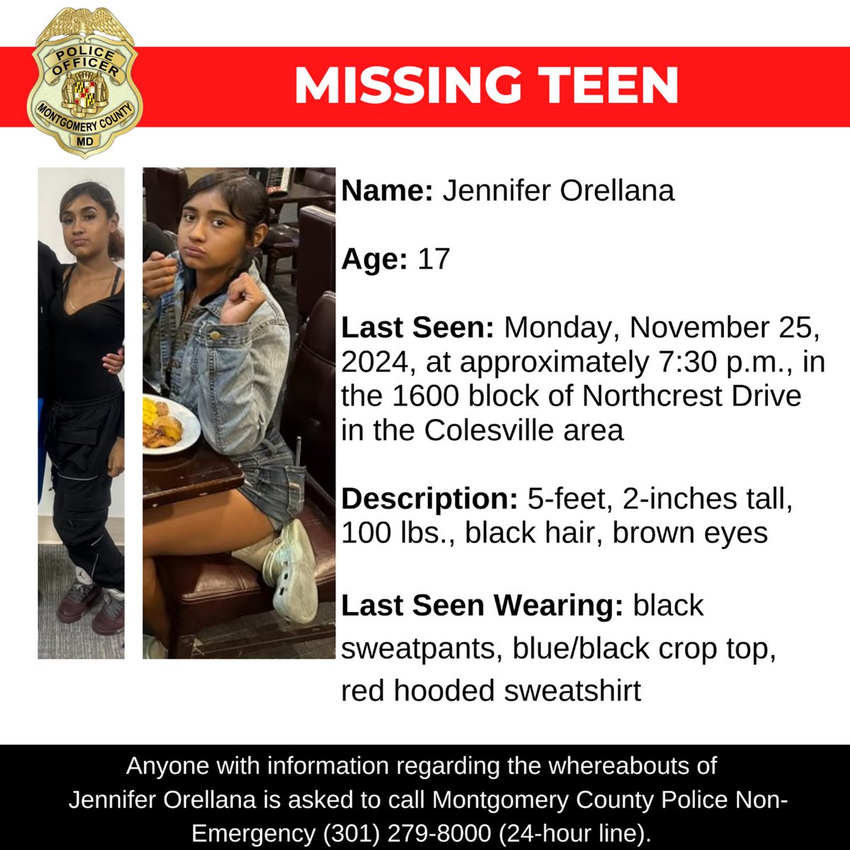 mcpnews's tweet photo. Detectives from the Montgomery County Department of Police - Special Victims Investigations Division (SVID) are asking for the public's assistance in locating Jennifer Orellana, a missing 17-year-old.
https://t.co/LuWyZORaJm

#MCPD #MCPNews #Missing https://t.co/6EebcLwwEp