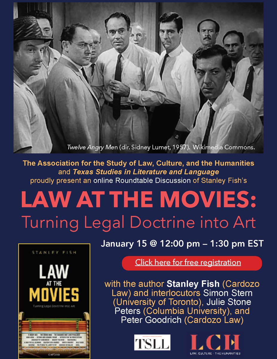 Julie Stone Peters (@jstonepeters) on Twitter photo TODAY Wed 1/15 12-1:30pm EST: Zoom panel on STANLEY FISH's latest book, LAW AT THE MOVIES, w/Peter Goodrich, Simon Stern (<a href="/ArsScripta/">Simon Stern</a> ), me, & Professor Fish himself (<a href="/stanleyfish/">Stanley E. Fish</a> )! Registration link here! lawculturehumanities.com/event/zoom-ses… TODAY Wed 1/15 12-1:30pm EST: Zoom panel on STANLEY FISH's latest book, LAW AT THE MOVIES, w/Peter Goodrich, Simon Stern (<a href="/ArsScripta/">Simon Stern</a> ), me, & Professor Fish himself (<a href="/stanleyfish/">Stanley E. Fish</a> )! Registration link here! lawculturehumanities.com/event/zoom-ses…