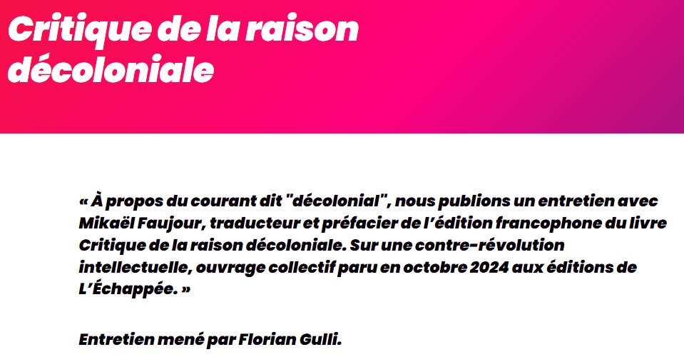 Quelle position pour les communistes face au courant si mal nommé "décolonial" ? 🤔

Notre entretien avec l'un des traducteurs de l'ouvrage de chercheurs marxistes "Critique de la raison décoloniale. Sur une contre-révolution intellectuelle".

👇
pcf.fr/critique_de_la…