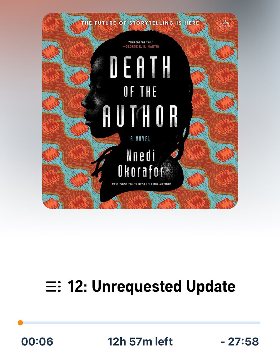 Nnedi's tweet photo. DEATH OF THE AUTHOR was released yesterday and it’s been overwhelming, lol. I thought the last thing I’d want to do is listen to the audiobook, but I was restless on my flight to Chicago yesterday and it was on my phone…so I clicked play. 

Omg, I’m addicted to my own book, 😆. https://t.co/wWXdvn56sI