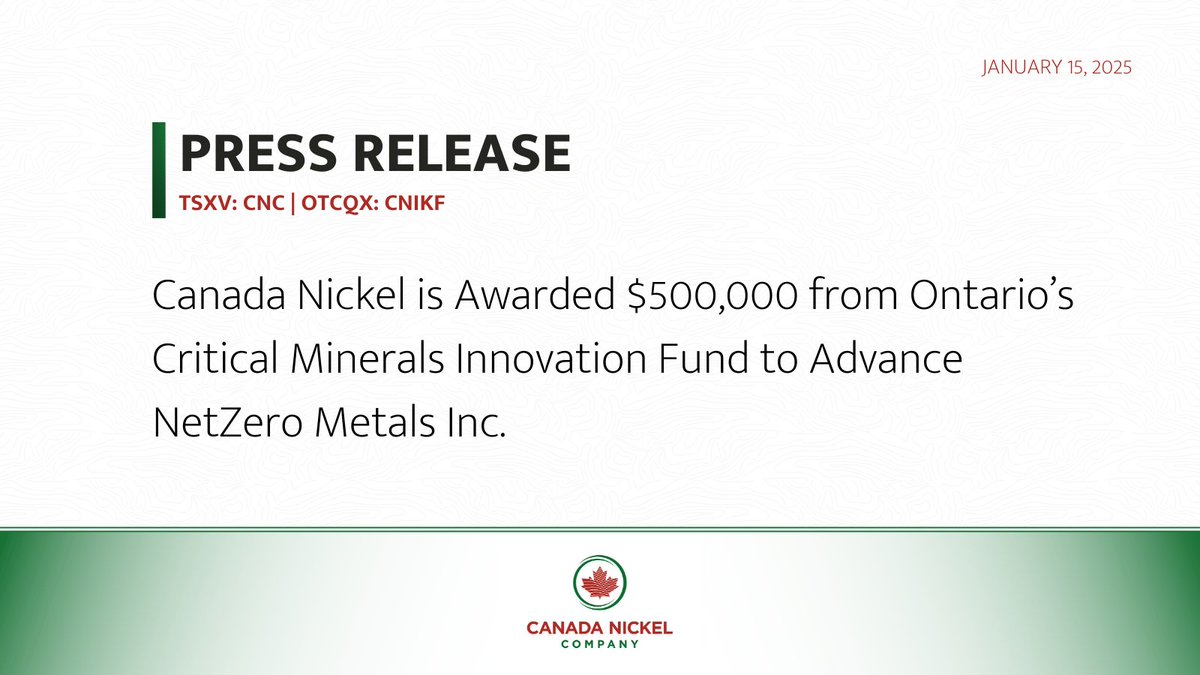 CanadaNickel's tweet photo. Canada Nickel is Awarded $500,000 from Ontario’s Critical Minerals Innovation Fund to Advance NetZero Metals Inc.
https://t.co/ugXgH07au6
TSXV: $CNC | OTCQX: $CNIKF #CanadaNickel #Nickel #CriticalMinerals #NetZeroMetals https://t.co/iNKpBshWii