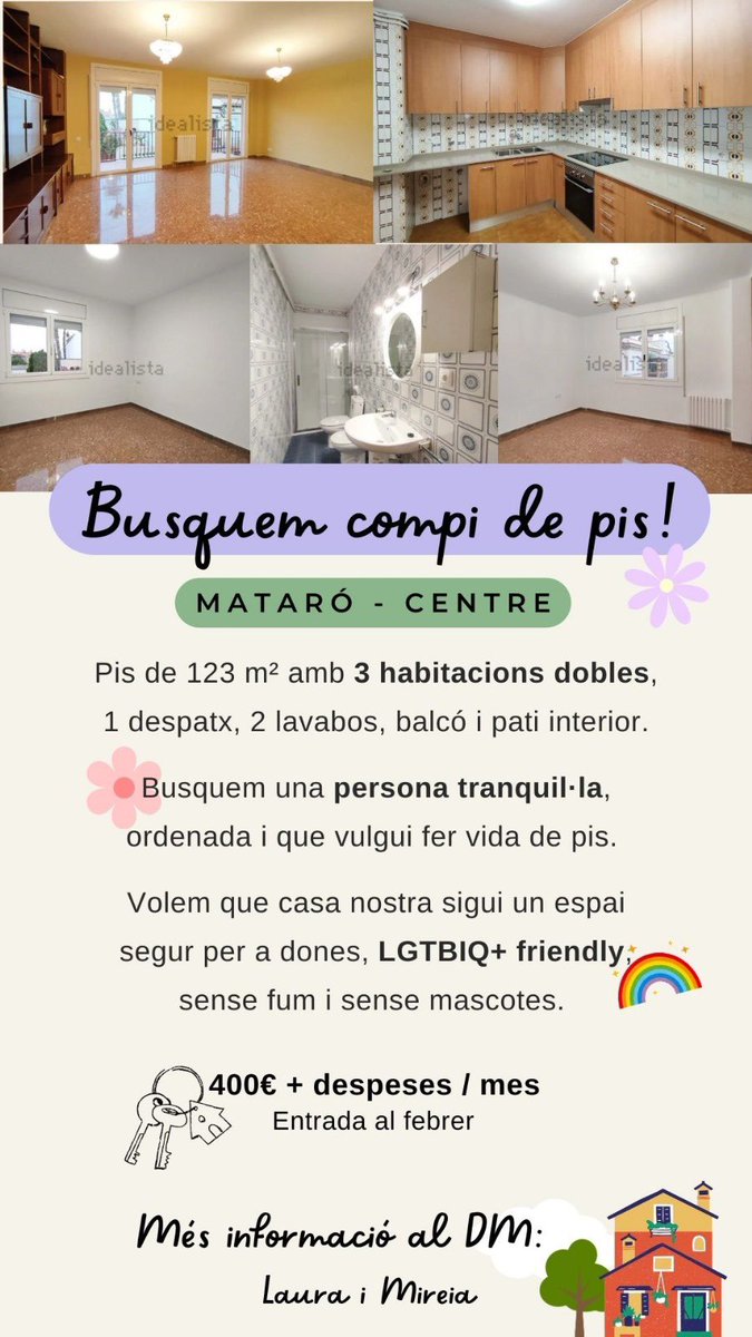 🏠 Busquem compi de pis per viure al centre de #Mataró! 

📝 Si vols més info escriu-me per DM.