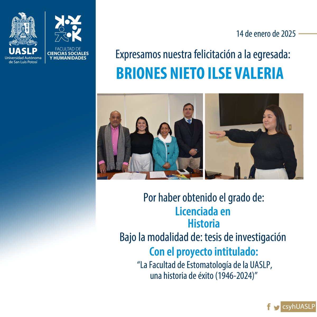 csyhUASLP's tweet photo. ¡Muchas felicidades!🎓🦅
#egresada #titulada #FCSyH #UASLP https://t.co/a3oEkysDHR