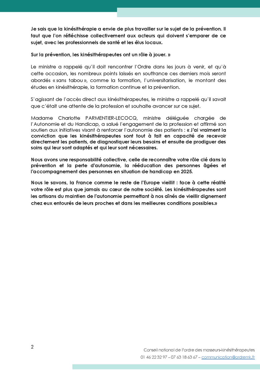 [COMMUNIQUÉ DE PRESSE 📝]

@Pmathieumk, présidente du <a href="/cnomk/">Ordre des masseurs-kinésithérapeutes</a>, a accueilli <a href="/yannickneuder/">Dr. Yannick Neuder</a>, ministre chargé de la Santé et de l'Accès aux soins 
<a href="/Sante_Gouv/">Ministère de la Santé</a>, <a href="/lecocqcharlotte/">Charlotte Parmentier Lecocq</a>, ministre déléguée chargée de l’Autonomie et du Handicap <a href="/Solidarite_gouv/">Ministère des Solidarités</a>, ainsi que des parlementaires et