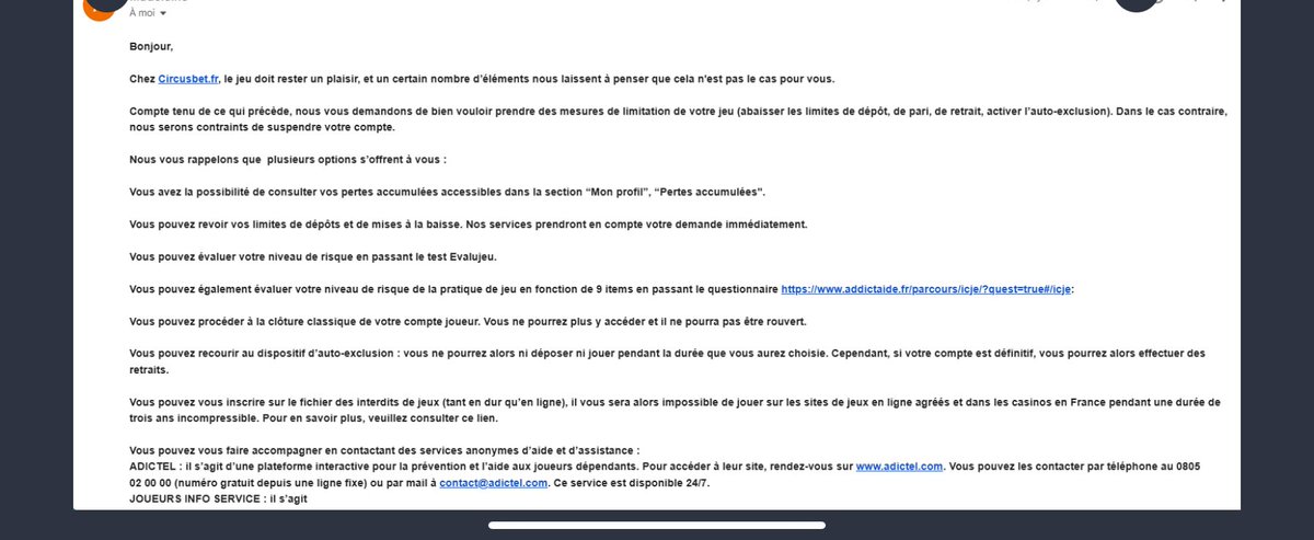 Le Média Parieurs (@mediaparieurs) on Twitter photo Hello ! <a href="/CircusBet/">CircusBet</a>, nouveau agréé <a href="/ANJ_FR/">Autorité nationale des jeux</a> commence mal son activité…😭
Le book commence déjà à envoyer des mails menaçant de suspendre le compte d’un joueur gagnant, au seul prétexte qu’il jouerait trop… 😂
… alors qu’en fait il est simplement gagnant chez eux !!
<a href="/ANJ_FR/">Autorité nationale des jeux</a> 😓 Hello ! <a href="/CircusBet/">CircusBet</a>, nouveau agréé <a href="/ANJ_FR/">Autorité nationale des jeux</a> commence mal son activité…😭
Le book commence déjà à envoyer des mails menaçant de suspendre le compte d’un joueur gagnant, au seul prétexte qu’il jouerait trop… 😂
… alors qu’en fait il est simplement gagnant chez eux !!
<a href="/ANJ_FR/">Autorité nationale des jeux</a> 😓
