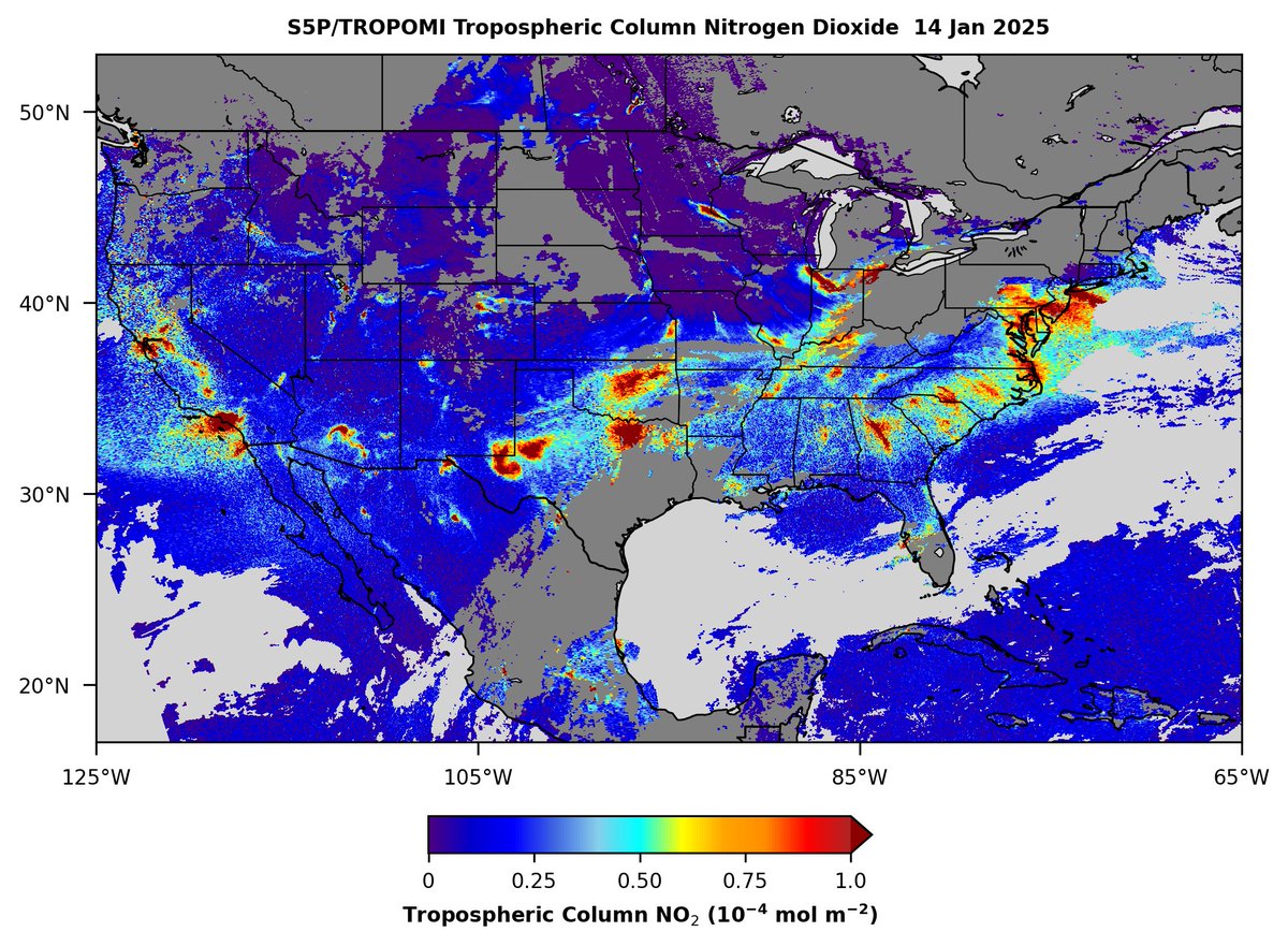 AerosolWatch (@aerosolwatch) on Twitter photo Sentinel-5P <a href="/tropomi/">TROPOMI</a> observed build-up of tropospheric nitrogen dioxide (NO2) across North America yesterday 14 Jan, particularly emissions from urban areas of the continental US. Gaps in NO2 measurements are due to cloud cover. <a href="/CopernicusEMS/">Copernicus EMS</a> <a href="/DGoldbergAQ/">Dan Goldberg, PhD</a> <a href="/NaegerAaron/">Aaron Naeger</a> Sentinel-5P <a href="/tropomi/">TROPOMI</a> observed build-up of tropospheric nitrogen dioxide (NO2) across North America yesterday 14 Jan, particularly emissions from urban areas of the continental US. Gaps in NO2 measurements are due to cloud cover. <a href="/CopernicusEMS/">Copernicus EMS</a> <a href="/DGoldbergAQ/">Dan Goldberg, PhD</a> <a href="/NaegerAaron/">Aaron Naeger</a>