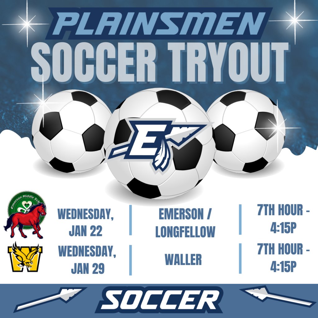Next Tuesday (7th/8th grade GIRLS) and Wednesday (7th/8th grade BOYS) we will host LMS/EMS soccer tryouts during 7th hour.  Players can be picked up at 4pm here at Longfellow.