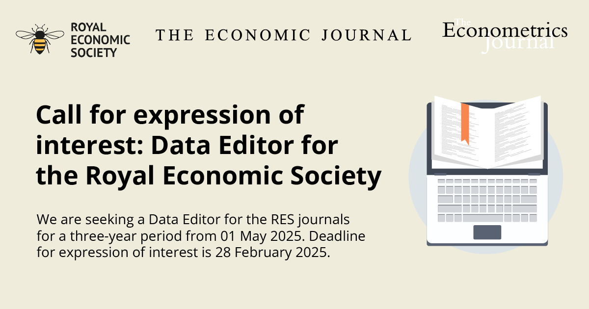 📢RES is seeking expressions of interest for the position of Data Editor for its journals for a three-year period from 01 May 2025.

⏰Deadline is 28 February 2025
More info👉bit.ly/3jUFhRp

#EconTwitter #Vacancy #hiring #RESVacancy