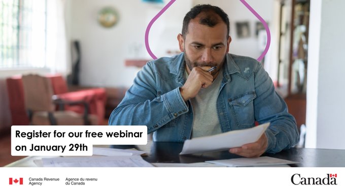 A person holds their hand to their chin and looks at the piece of paper they’re holding. In the lower right-hand corner there is a text that reads “Register for our free webinar on January 29th.”