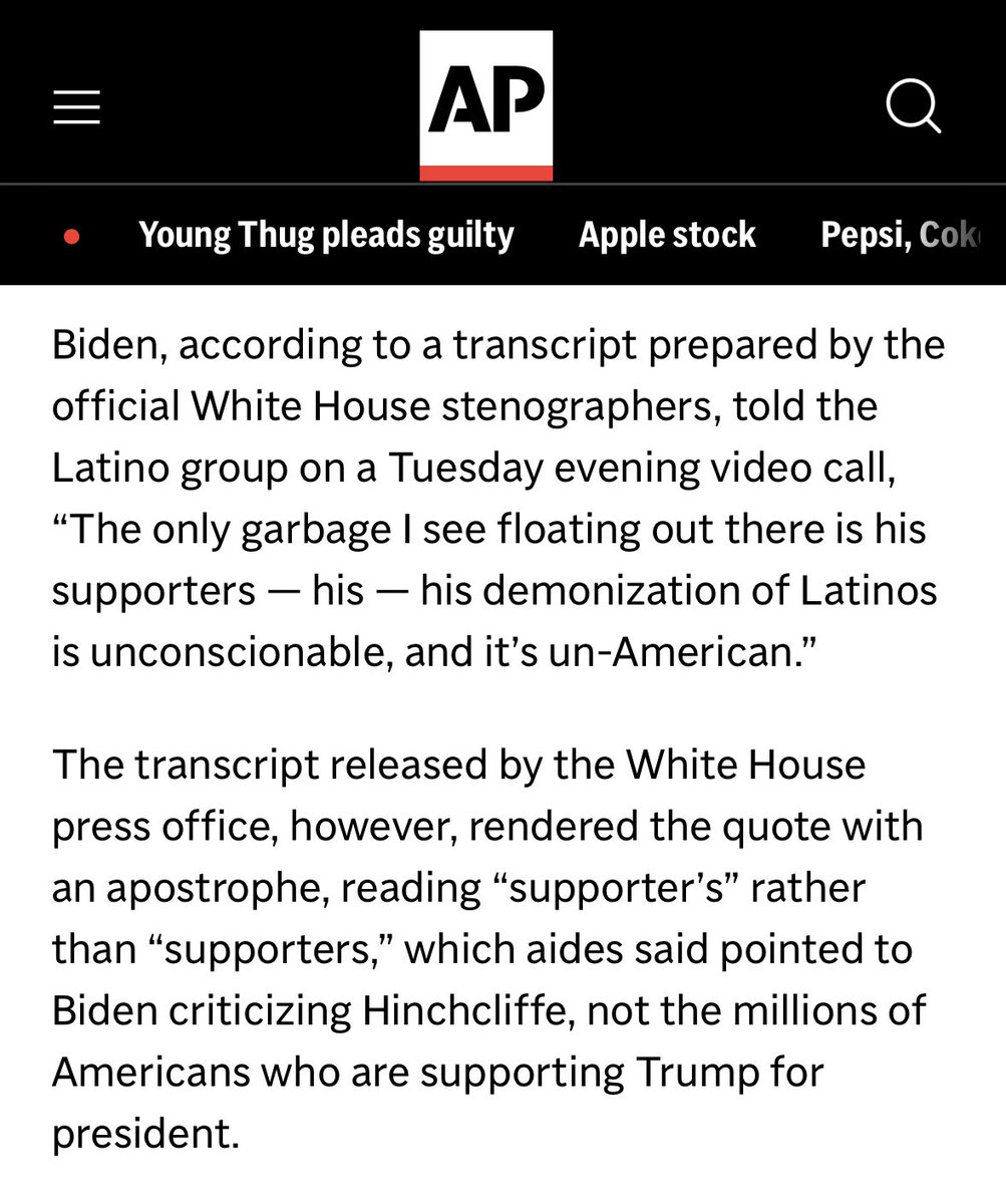 🚨 #BREAKING: AP has CONFIRMED the White House ILLEGALLY ALTERED the transcript of Joe Biden calling Trump supports “garbage”

This is a BLATANT violation of the Presidential Records Act, and WH press officials MUST BE PROSECUTED.

DO NOT LET THEM GET AWAY WITH THIS!
