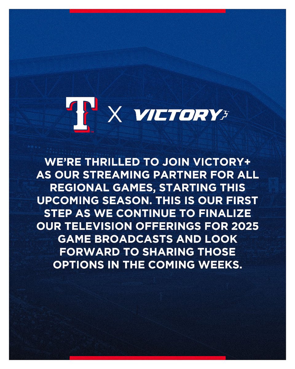 Rangers's tweet photo. The Rangers and @victoryplustv today announced a groundbreaking streaming partnership for all regional games starting in 2025. https://t.co/pIo7AonL3f