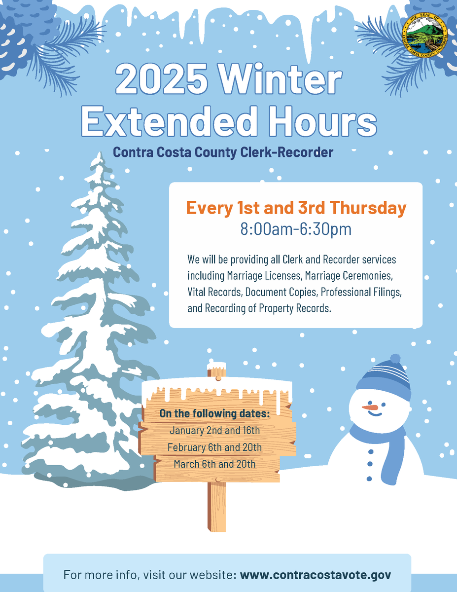 CCClerkRecorder's tweet image. Don&apos;t forget! The Clerk-Recorder’s Office has extended hours on the first and third Thursdays of each month. We are open until 6:30 PM tomorrow, January 16, providing all Clerk and Recorder Services. #ContraCostaCounty #ClerkRecorder #ExtendedHours