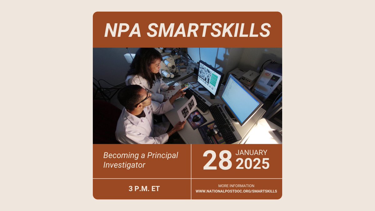 This webinar will discuss the many issues faced by investigators as they prepare for their first independent position and their early years as a junior faculty member.

Register now at 🔗 ow.ly/WqLt50UyXAK // #NPASmartSkills #postdocs #postdocoffices #postdocassociations
