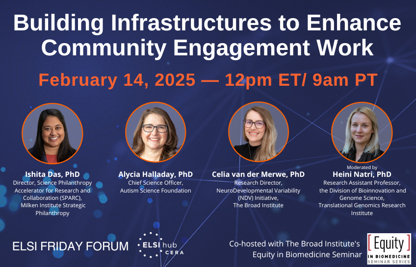 ELSIhub | CERA (@elsihub) on Twitter photo Join us on February 14 at 12pm ET for the next 🧬 ELSI Friday Forum: Building Infrastructures to Enhance Community Engagement Work, co-hosted by <a href="/broadinstitute/">Broad Institute</a>'s Equity in Biomedicine Seminar.
🗓️ Register here: ow.ly/QbzU50UGYGI Join us on February 14 at 12pm ET for the next 🧬 ELSI Friday Forum: Building Infrastructures to Enhance Community Engagement Work, co-hosted by <a href="/broadinstitute/">Broad Institute</a>'s Equity in Biomedicine Seminar.
🗓️ Register here: ow.ly/QbzU50UGYGI
