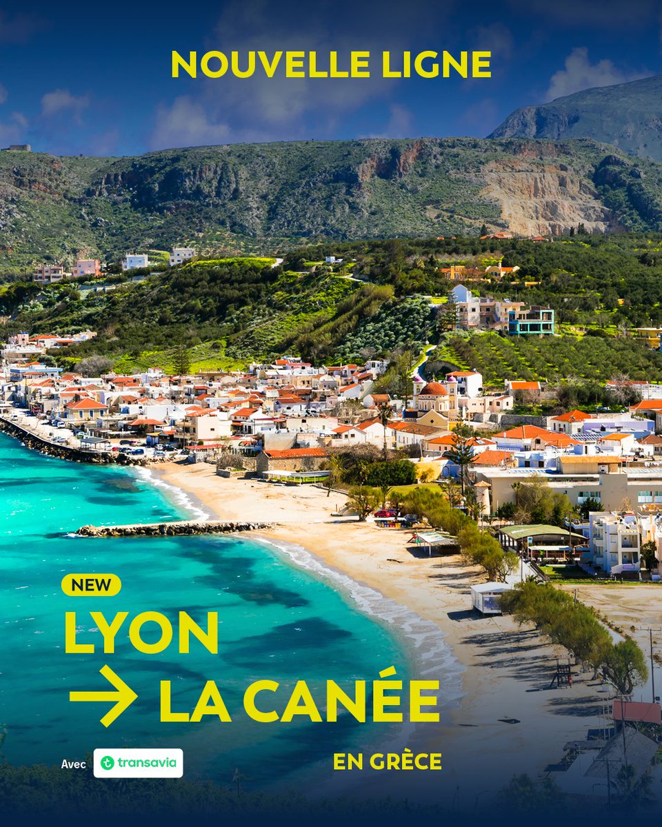 Direction la Crète avec Transavia ! 🇬🇷✈️

À partir du 20 avril 2025, décollez de Lyon vers La Canée, avec 2 vols par semaine (jeudi et dimanche), dès 55 € HT.

 ✈️ Infos et réservations : loom.ly/NV55uUM

<a href="/vinciairports/">VINCI Airports</a> #FlyFromLyon #Grèce