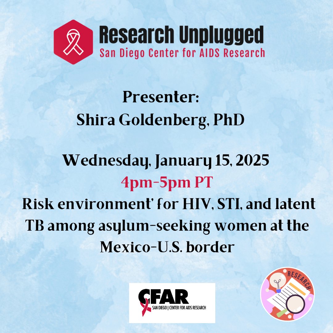 Please join us on Wednesday, January 15, from 4-5 pm 
 
Title: ‘Risk environment’ for HIV, STI, and latent TB among asylum-seeking women at the Mexico-U.S. border
Speaker: Shira Goldenberg, PhD
Track: Sociobehavioral/Global Health 
Link: uchealth.zoom.us/meeting/regist…