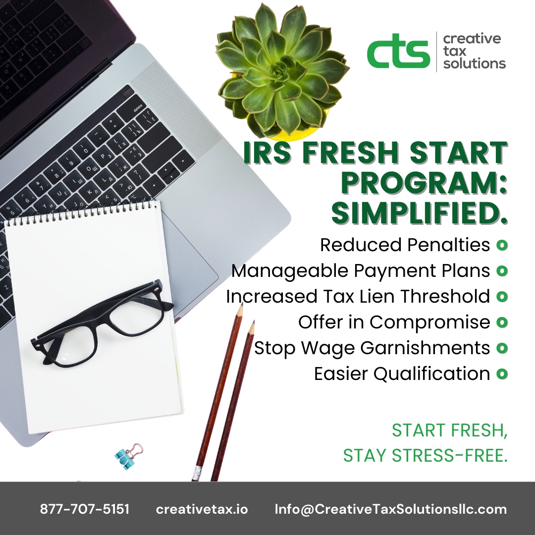 CreativeTax's tweet photo. Take control with the IRS Fresh Start Program:
✅ Reduced Penalties
✅ Manageable Payment Plans
✅ Increased Tax Lien Threshold
✅ Offer in Compromise
✅ Stop Wage Garnishments
✅ Easier Qualification

Start your journey to financial freedom today! 💼💡 https://t.co/r7B5z6rYDO