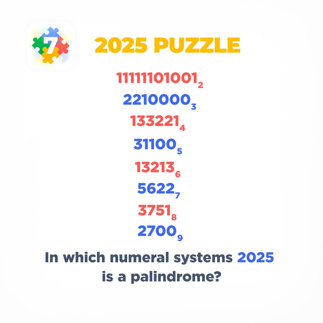 euclidea_app's tweet image. ❄️ In which numeral systems 2025 is a palindrome?

#maths #puzzle #euclidea