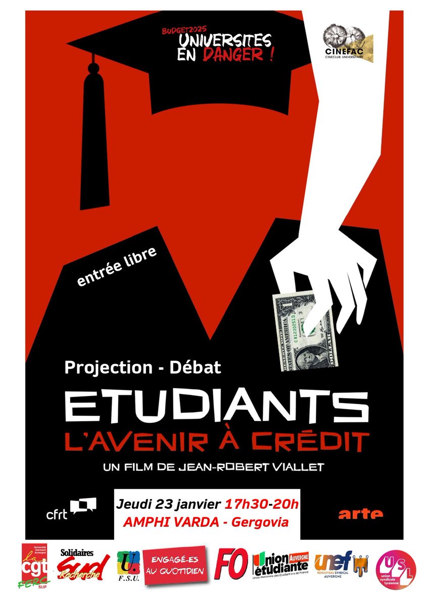 <a href="/UCAuvergne/">UCA</a> en danger !
Pour mieux prévenir la menace d'une augmentation massive des droits d'inscription à la fac, on informe.
Projection de Étudiants, l'avenir de JR Viallet jeudi 23 janvier à Clermont-Ferrand 
<a href="/SnesupFsu/">SNESUP-FSU</a> <a href="/SNESClermont/">SNES-FSU Clermont</a> @CgtEduc63 <a href="/UEAuvergne/">UEA - Union Étudiante Auvergne</a> @unefrs_auvergne