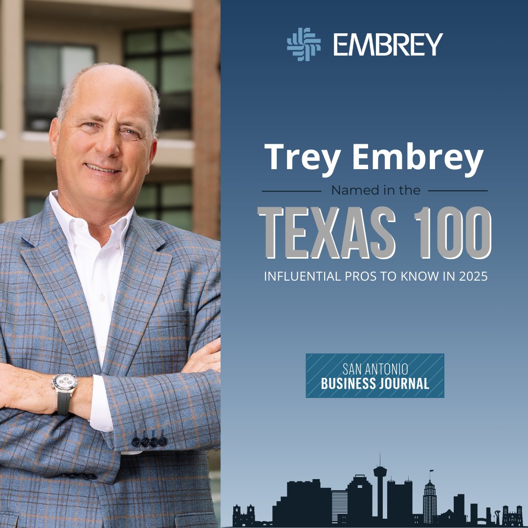 EMBREY’s President &amp; CEO, Trey Embrey, has been named to the Texas 100 as an influential executive to know in 2025 for his work in shaping the business landscape here in San Antonio and across the state. 
Read More Here: bit.ly/4aaNgPY
#Texas100 #SABJ