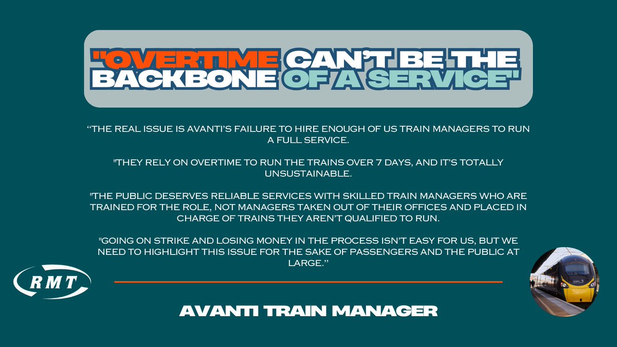 RMTunion's tweet image. 📢 Avanti Train Managers - Why We're Striking
"The real issue is Avanti’s failure to hire enough of us train managers to run a full service.
"They rely on overtime to run the trains over 7 days, and it’s totally unsustainable."
Case Studies from @AvantiWestCoast Train Managers