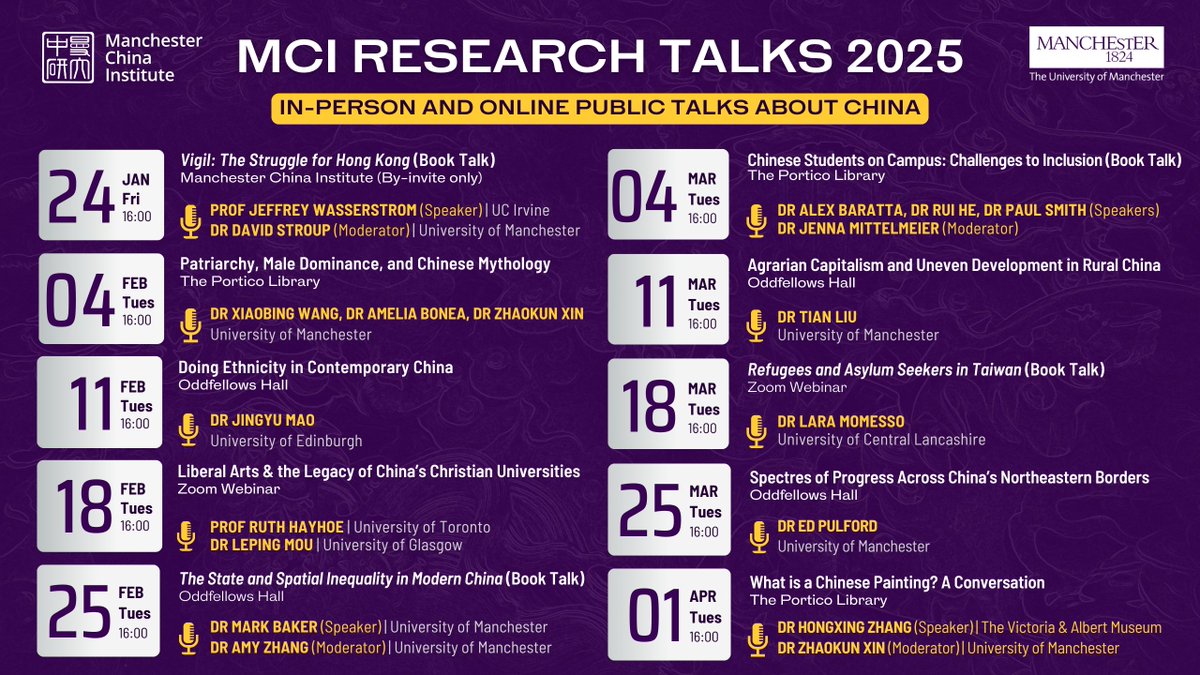 🎉 新年快乐! We have an exciting series of #research #talks planned for the next few months.

🎙️ Join us and learn more about #China and the Chinese-speaking world from scholars and researchers on various fields.🇨🇳🌏

🔗 Book your free tickets now: eventbrite.co.uk/o/the-manchest…