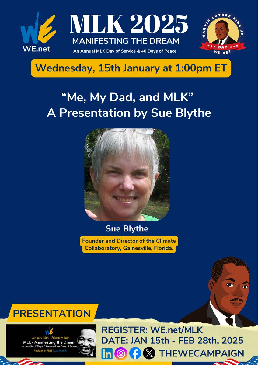 Day 1 - MLK 2025, Manifesting The Dream with We, The World!

LIVE today at 1 pm EST. - Hear Sue Blythe's inspiring story, "Me, My Dad, and MLK"

Watch: youtube.com/watch?v=JsFZfm…
Learn more: we.net/mlk
Subscribe : we.net

#MLK2025 #ManifestingTheDream