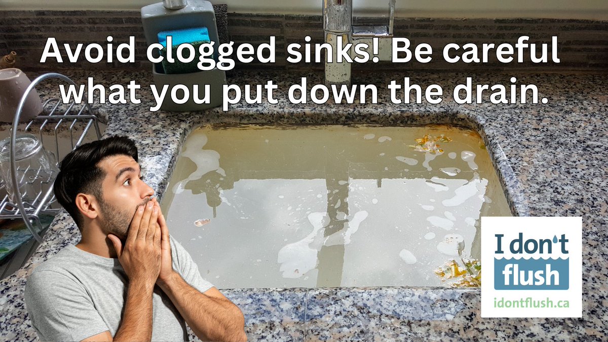 No one wants an overflowing sink ☹️! Avoid clogs by keeping fats, oils &amp; grease out of the drain. Dispose of them in the green bin or trash per your municipality. Also, use a sink strainer to catch food scraps. Learn more at idontflush.ca/fats-oils-grea… #IDontFlush #ProtectYourPipes