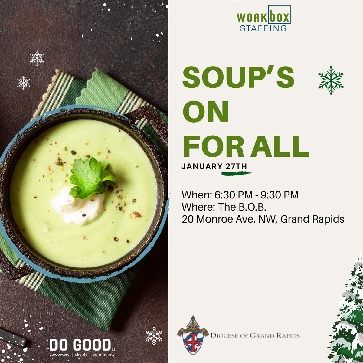 WorkboxStaffing's tweet image. Let’s fight hunger together! Join Soup’s On For All! on Jan. 27 at The B.O.B. in Grand Rapids to support God’s Kitchen &amp;amp; food pantries. Every meal served brings hope.

📅 1/27 | ⏰ 6:30 PM
🎟️ Get tickets: hubs.la/Q032CJyT0

#SoupsOnForAll #FightHunger #WorkboxStaffing