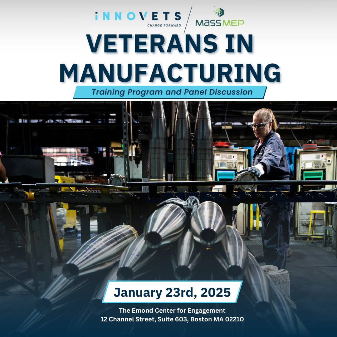 InnoVets_US's tweet image. Join us for the Veterans in Manufacturing panel on Thursday, January 23, 2025, from 5:00 - 8:00 PM at the Emond Center for Engagement. In partnership with Mass MEP, Vertex, &amp;amp; Raytheon. Don’t miss insights from Veterans in the industry.

🔗 bit.ly/4gQLoyi 🇺🇸