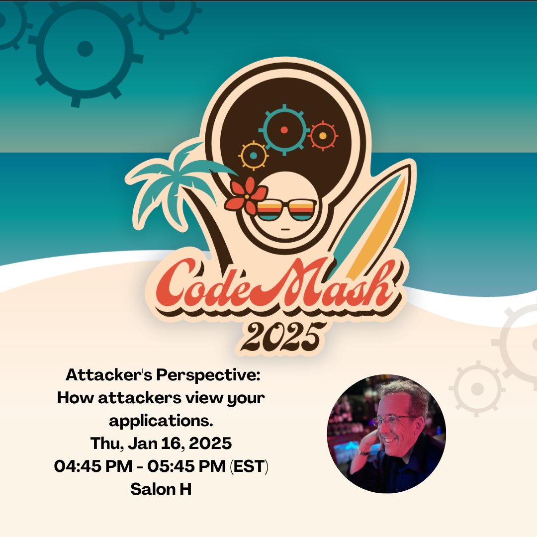 secureideas's tweet image. Don&apos;t miss Kevin&apos;s presentation at CodeMash 2025 tomorrow: Attacker&apos;s Perspective: How attackers view your applications.

Thu, Jan 16, 2025
04:45 PM - 05:45 PM (EST)
Salon H
#15YearsOfProfessionallyEvil #CodeMash2025