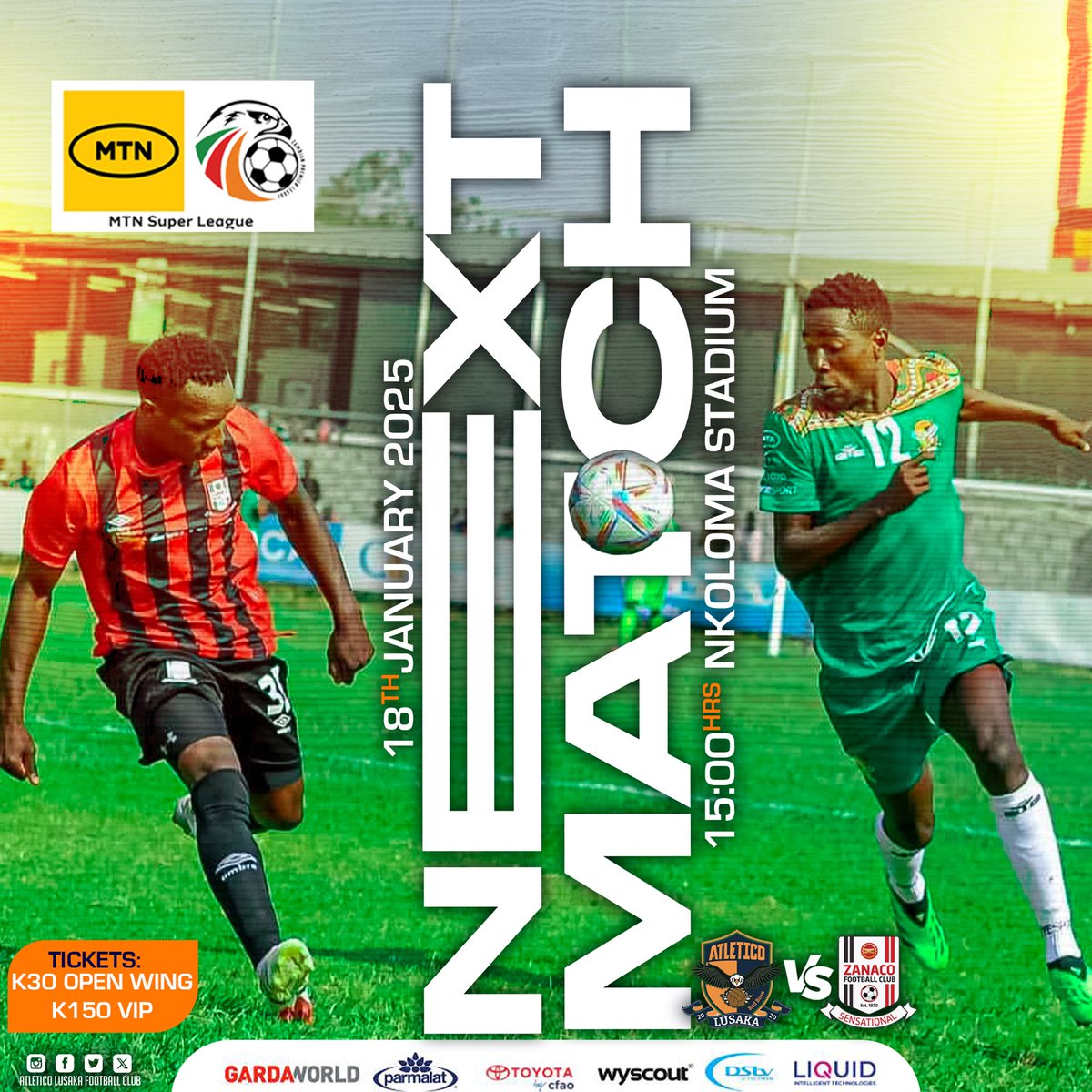 AtleticoLusaka's tweet photo. NEXT MATCH!
We will host Zanaco FC at Nkoloma Stadium this Saturday.

You can buy online tickets using the link below ⬇️

https://t.co/0xIi5j7lN4

Physical tickets are available at Puma and Engen Service Stations.

#badboys #atleticofc https://t.co/Ft5FPxvBEx