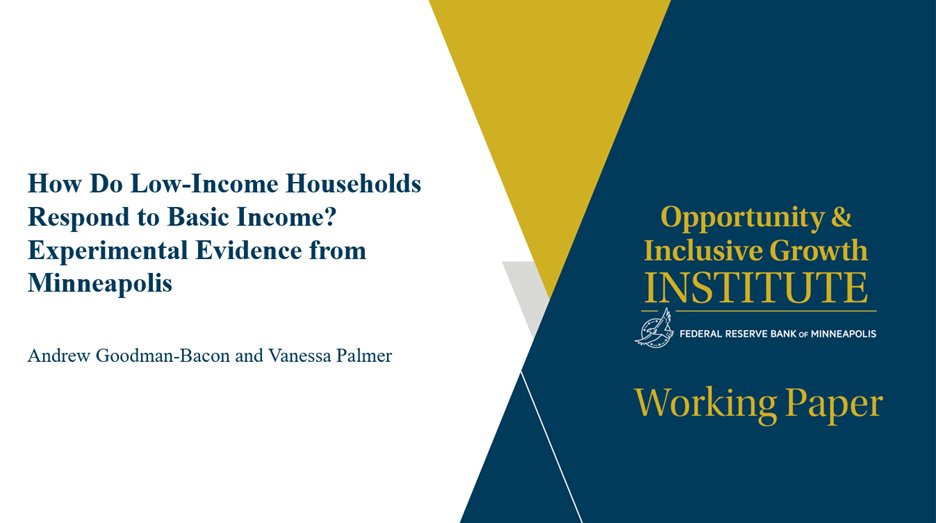 OIGInstitute's tweet photo. New in our working paper series, Institute senior economist @agoodmanbacon and @FedIndianCenter data director Vanessa Palmer study a randomized controlled trial that gave $500 per month for 24 months to 200 low-income people in Minneapolis. https://t.co/uk5ogjqs4a https://t.co/SLsHSONXbI